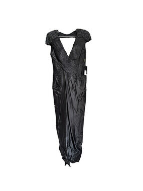 NWT Carlos Miele Gray Pleated Satin Gown Beaded Cap Sleeves Size 40 US 8 $5250